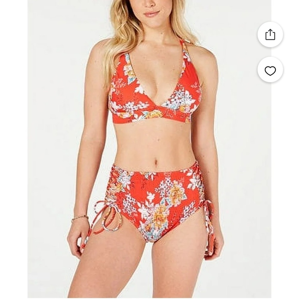Raisins Maya Bay Red and White Floral Miami Printed Halter Bikini  Two Piece Set